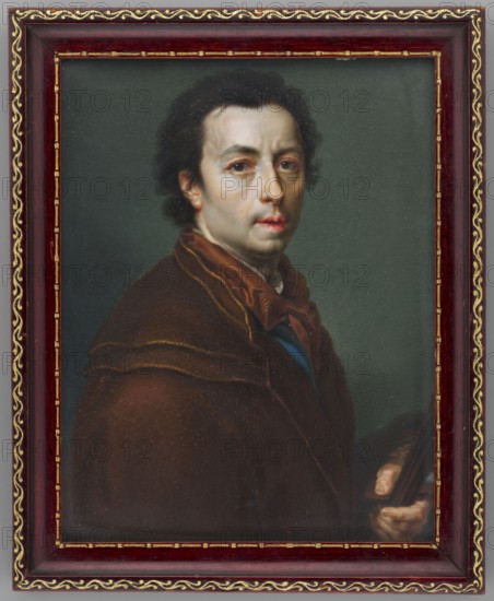 Copy from a self-portrait of Anton Rafael Mengs 1728–1779. Three-quarter half-length facing right: black, wavy hair pushed back from the forehead, curls around the neck, hem of a white collar, rust-coloured scarf tied with a bow; fragment of a blue-sapphire frock coat. A loose rust-brown jacket with a double cape collar trimmed with a golden cord; a palette with a brush in his left hand. Background gray-green, darker on the left. Rectangular wooden frame made of slightly recessed mahogany strip with embossed and gilded ornaments. Along the right edge: SMarszalkiewicz R. 1821. Miniature, height 13.8 cm, width 10.7 cm., A framed portrait of a man shown from the chest up, wearing a brown coat with a darker brown scarf or wrap and a hint of blue garment beneath; he has dark curly hair, fair skin, and a neutral expression with slightly parted lips, and he is holding a palette and brushes in one hand; the background is a muted green-gray, and the frame is a deep red with gold decorative trim...