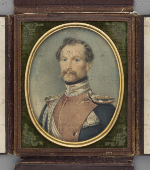 Portrait of a Prussian cavalry captain. Marszalkiewicz, Stanislaw 1789–1872 painter. Portrait en three-quarters of a man in uniform; short blond wavy hair parted at the side with curls above the forehead and at the temples; long blond mustache, regular facial features. Sky-blue uniform with crimson borders; high collar embroidered as a guard officer, silver aiguillettes and epaulettes. Background: blue-grey sky, sandy area at lower left. Framed with a semi-convex oval gilded-bronze border set in a rectangular brown leather case; olive-colored embossed plush surrounding the miniature. Inscribed along the right edge: S. Marszalkiewicz 1832. Miniature, 1832. Height 12.7 cm, width 10.0 cm., An oval painted portrait of a man with light skin, blue eyes, curly brown hair, and a brown mustache set inside a gold oval frame; he wears a high-collared military-style jacket with a brown chest piece, dark blue sleeves, decorated shoulder epaulettes with metallic details, and a light-colored sash; th...
