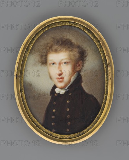 Franciszek Stanislaw Potocki as a young man 1788–1853, son of Wincenty and Anna née Mycielski; painter unknown Viennese School?; portrait three-quarters, miniature, 1803; height 6.7 cm, width 5.4 cm., An oval framed portrait shows a young person with pale skin and light brown, slightly tousled hair, wearing a dark coat with a high collar and a white neck accessory; the face has light blue eyes and a neutral expression. The background inside the frame is a soft, muted blend of beige and gray tones, and the frame itself is golden with a decorative inner border and some darker spots of wear. The overall visible colors are gold, pale skin tones, light brown, dark brown, white, beige, and gray.