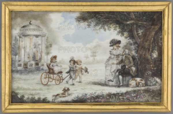 Grand Crown Hetman Franciszek Ksawery Branicki with his wife Aleksandra née Engelhardt and children; Wladyslaw, Aleksander and Katarzyna in the park in Aleksandria?, unknown painter. On the right, under the tree, Ksawery Branicki sits on a chair, dressed in a tailcoat and a wig, holding a tricorn in his left hand; his wife Aleksandra stands next to him in a black hat with feathers and a white chemise dress. A large dog lies at Branicki's feet. In the center, two small boys are pulling a carriage with the youngest, a girl, and a dog is running alongside. In the background on the left, a garden pavilion in the style of a Greek temple, Tholos perhaps a source of healing water Paradise; on the plinths of the columns supporting the dome are the children's initials WB, AB, AB, ?B, ?B. In the background, trees and sky; at the bottom: flowers; on the right a spreading oak tree. Frame: gilded bronze, semi-convex profile molding. 1780, Poland, miniature, height 6.3 cm, width 10.4 cm., A framed p...