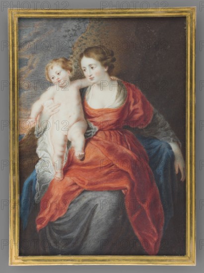 Madonna and Child after Rubens, neo-Gothic frame, Matuszewicz, Maria née Przebendowska 1765–1799 painter / amateur painter, biblical scenes, en face portraits, women, copies, children, Polish miniatures, amateurs. Madonna and Child: Seated against a brown rock on an outstretched blue cloak. The Madonna's hair is reddish-blonde, eyes are brown, and her robes are vermilion and blue-gray; on her lap is the figure of a standing, fair-haired Child against a white fabric. Background: white fabric; in the background a sky with orange-gray-blue clouds. Binding: black, pseudo-Gothic wooden frame with a gilded bronze strip. In the arms of the frame arch, a gilded bronze triangle with a Hebrew inscription, surrounded by silver roses and gilded bronze rays. On the reverse of the old binding, an inscription likely in the hand of Princess Izabella Czartoryska: Amie Marie Matuszewicz, who was born on September 9, 1799, died on September 9th:... expression of grief. Painting from the workshop of P.P. ...