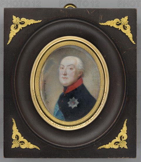 Hetman Franciszek Ksawery Branicki 1730–1819 in old age with the Order of St. Andrew the Apostle of the First Calling; miniature by Edmond Gilbert fl. 1820–1827; three-quarter male portrait of an aristocratic soldier; orders depicted: Order of St. Andrew the Apostle of the First Calling, Order of St. Alexander Nevsky, Order of the White Eagle, Order of St. Stanislaus; dated 1822; miniature, height 6.5 cm, width 5.0 cm., The image shows an oval portrait of an older man with pale skin and white hair set within a round, dark wooden frame that has a gold inner rim and decorative gold corner embellishments; the man wears a dark coat with a red collar and a blue sash, and there is a star-shaped medal on his chest; visible colors include dark brown, gold, pale flesh tones, white, red, blue, black, and gray.
