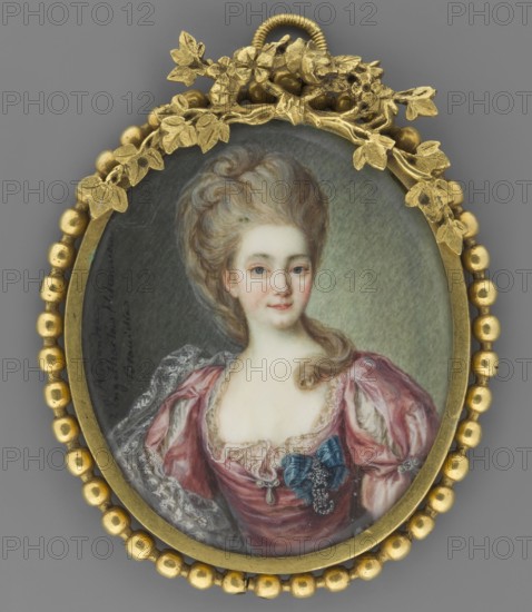 Aleksandra Branicka née Engelhardt 1754–1838, after Dymitr Lewicki 1735–1822, wife of Hetman Franciszek Ksawery Branicki, depicted as a Lady of the Order. Miniature portrait, en face, copy; subjects: aristocracy, woman, female portrait; details: orders, dress, hairstyle. Painted 1820, Russia. Miniature dimensions: height 7.4 cm, width 6.8 cm., A painted oval portrait set in a decorative gold frame with a beaded outer edge and a leafy floral ornament at the top shows a woman with pale skin and powdered hair styled high with soft curls; she wears a low-necked dress in shades of pink and mauve with white lace trim and a blue ribbon and jeweled ornament at the bodice, and her expression is calm with a faint smile. The background behind her is a muted gray-green. The frame and decorative elements are gold, and the dress and ribbon introduce pink, mauve, white, blue, pale skin tones, and muted gray-green.