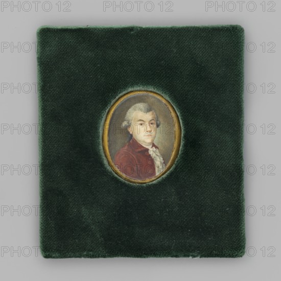 Jan Kanty Fontana, architect and burgrave of the Royal Castle 1731–1800. By Jan Bogumil Plersch ca. 1732–1817, 1782. Oil on canvas, oval, 67.5 x 52.5 cm. Portrait, three-quarter bust right: grey wig with black bow at the back, white collar and ruffled jabot, white vest, dark rusty tailcoat. Background olive, lighter on the right. Inscription on old inventory card notes attribution and placement in sacristy of the church of St. John the Divine. Also referenced as a small miniature version, height 3.7 cm, width 2.8 cm. Subjects/themes: architecture, men, Polish male portrait; depiction of Stanislaw Duke of Masovia; 1501–1524 noted in associated references., A small oval portrait set into a square dark green velvet background shows a light-skinned person with powdered gray hair styled back, wearing a deep red coat and a pale ruffled cravat; the portrait is rimmed with a thin gold border and the surrounding area includes shades of dark green from the velvet and a neutral light gray backgro...