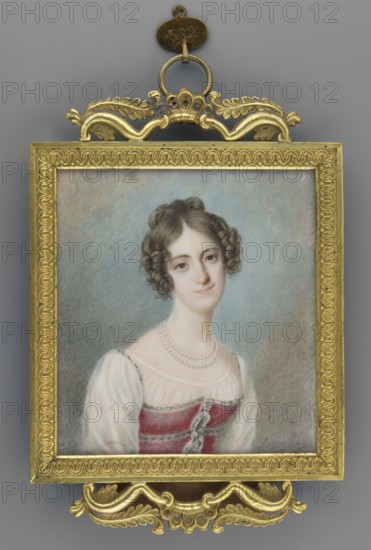 Portrait of Katarzyna Branicka 1781–1820, 1st maiden name Sanguszkowa-Kowelska, 2nd maiden name Stanislawowa Potocka; painted by Sowgen, Holz von fl. 1820–1825. Miniature portrait, en trois-quarts, depicting aristocratic woman in dress; dated 1824, Russia. Medium: miniature; dimensions: height 8.6 cm, width 7.8 cm. Categories: women, women's portraits, portraits, foreign miniatures., A painted portrait of a woman with pale skin and dark curled hair, shown from the chest up, wearing a white sheer sleeved dress with a red bodice that has decorative trim and a central fastening; she wears a double strand of pearls and has a subtle, neutral facial expression. The portrait sits in a decorative rectangular gold frame with ornate leaf and scroll motifs and a hanging ring at the top; the background behind the woman is a soft gradient of muted blues and greys. The visible colors include gold, pale skin tones, dark brown for the hair, white, red, pink, blue, and grey.