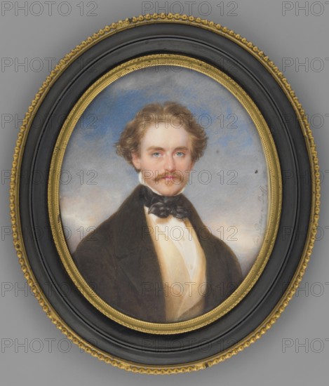 Adam Potocki 1822–1872, son of Artur and Zofia née Branicka from Krzeszowice; after a miniature by Moritz Daffinger 1790–1849 and Emanuel Peter 1799–1873. Half-figure, en face portrait of a man 3rd right, head almost straight: blond hair and mustache, white shirt, black cravat tied with a bow, sand waistcoat, dark brown frock coat. Background: sky with lilac-blue clouds, lighter at the bottom. Ornamented oval frame of gilded brass with pearling all around, bow at the top fastened with a flower, ring for hanging, support. Inscription on the reverse likely made by Katarzyna Potocka or at her request; she and Zofia Potocka organized the Potocki family archives. 1850, Vienna. Miniature; height 9.3 cm, width 7.5 cm., An oval framed portrait of a man with light brown wavy hair and a mustache, wearing a dark coat, a black bow, and a light-colored waistcoat, set against a cloudy sky background; the frame is black with gold decorative inner and outer rims. Colors visible include brown, black, g...