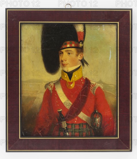 Portrait of a young soldier in Scottish costume, unknown artist. Male portrait to the waist, left; young man; soldier in Scottish uniform; headgear: shako and black fur hat with a red and white feather and a yellow, red and green checked headband. Blond hair, blue eyes. Clothing: white shirt collar, black scarf, red blouse with a yellow collar, gold epaulettes, belt with the number 72 crossed with a red scarf, red kilt with green checks. Arms: black cutlass and saber hilt. Background: yellow-olive with city outlines and a palace/barracks and a military camp in the distance. Foreign miniature, 1850. Height 14.1 cm, width 12.0 cm. Profiled wooden frame. Repossession/, A framed portrait of a man wearing a red military coat and a green-and-red tartan sash, shown from the waist up against a pale, muted background; he has a high black fur hat with a red-and-white plume and a decorative band, a yellow collar, and a white shoulder strap, and a dark belt with a sheathed sword at his side; the f...