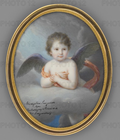 Mieczyslaw Sanguszko-Kowelski 1807-1813 as a little angel, commemorative portrait, Richter, Anton 1783-1850 painter, little angels, boys, aristocracy, full-face portrait, child, heaven, Polish miniature, 1813, miniature, height 9.3 cm, width 7.2 cm, An oval framed painting shows a childlike figure with curly brown hair and pale skin, positioned among soft gray clouds; the figure has a gentle facial expression and folded hands at the chest, a pair of dark wings with hints of blue extend behind the shoulders, and a draped reddish-pink cloth wraps around one arm; the sky around the figure ranges from pale blue to gray, and the frame is a metallic gold color.
