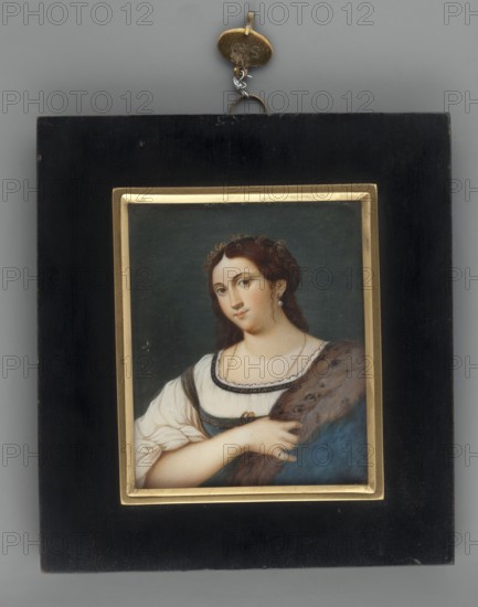 La Fornarina after Sebastiano del Piombo; Thil, Wilhelmine Louise du 1782–1819 painter; copy from Raphael's La Fornarina; portrait of a young woman, waist-high, facing left; miniature; foreign miniature; dated 1820; height 7.8 cm, width 6.4 cm; inscriptions/notes on provenance and repossession removed., A framed painted portrait of a woman is centered on a dark gray background; the frame consists of a wide black outer border with a narrow gold inner trim and a small metal hanging loop at the top. The portrait shows a woman with fair skin and brown hair styled with small curls and a decorative headpiece, wearing a white blouse with puffed sleeves and a blue bodice edged with dark trim; she has a fur or brown shawl draped over one shoulder and is shown from the torso upward with one hand resting on the shawl. The visible colors include black, gold, dark gray, white, blue, brown, and flesh tones.