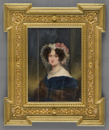 Portrait of Zofia Arturowa, Countess Potocka, née Branicka 1790–1879, painted by Józef Sonntag 1784–1834 and an unknown painter; half-figure three-quarter to the left, head almost straight. She has dark hair and wears a tulle lace bonnet decorated with pink ribbons and bows, with a pearl above the forehead. Navy blue velvet dress with a belt with gold buckle, tulle lace and pearl pin at the neckline. Pearl necklace, poire pearl earrings, and a sable stole on the shoulders. Olive background, darker at the top. Massive gilded bronze frame with openwork ornaments along the edge, bronze plate on the reverse, base, beveled glass, all housed in a navy blue leather box case. 1830, Vienna. Miniature, height 14.5 cm, width 10.5 cm., The image shows a framed portrait of a woman with curly dark brown hair and pale skin wearing a lace bonnet with pink accents and pearl jewelry; she is dressed in a dark blue garment with a brown fur or shawl. The painted background is dark with muted browns and blu...