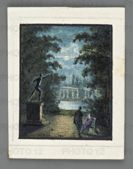 View of the ruins from Gladiator Square in Alexandria Park in Biala Cerkiew, by Willibald Richter 1805–1880. Romantic landscape. Sepia after-nature view, 1840. In the foreground, on the right, a woman in a violet dress and red bra seated in profile on a chair; in front of her stands a man in a cape; on the left a statue on a plinth. Tall, dense trees flank an alley down the middle. In the background, bluish water and, on the opposite bank, a classicist building set against poplars; above, sky and the moon among clouds. Miniature drawing, 20.0 x 29.2 cm; the miniature detail noted as height 2.9 cm, width 2.4 cm. Frame missing; drawing placed in a yellow cardboard box matching the object's size and format., A small framed painting shows a dusk or night garden scene dominated by deep greens and blues with a lighter blue sky and pale light near the center. A pathway in brown and tan runs toward a reflective water area, bordered by dense dark green and black trees on either side. On the lef...