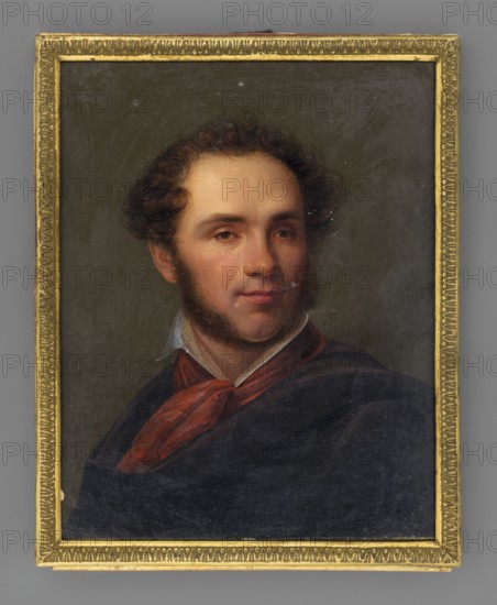 Bust of a man, possibly the artist Aleksander Orlowski 1777–1832. Painted by Jan Nepomucen Bizanski 1804–1878 — painter, graphic artist, teacher active in Krakow. Three-quarter portrait of a man facing left with head turned right; short curly hair, dark sideburns. He wears a white open collar tied with a vermilion cravat with horizontal stripes and a dark brown coat draped on the shoulders. Dark olive background. Miniature, height 13.4 cm, width 10.5 cm. Frame: semi-convex gilt bronze strip ornamented with bay leaves and fruit, with a hanging ring; thin glass broken in the lower left corner. Inscription inside the frame: Painted by JNapl Trzanski / on 2 June 1833 / in Kraków. The artist's name has been read in variant forms Rzanski Jan Napoloeon, Trzanski, 1833., A framed oil portrait of a man shown from the chest upward against a dark olive background, featuring a fair-skinned face with brown curly hair and sideburns, brown eyes, and a neutral expression; he wears a dark blue or black...