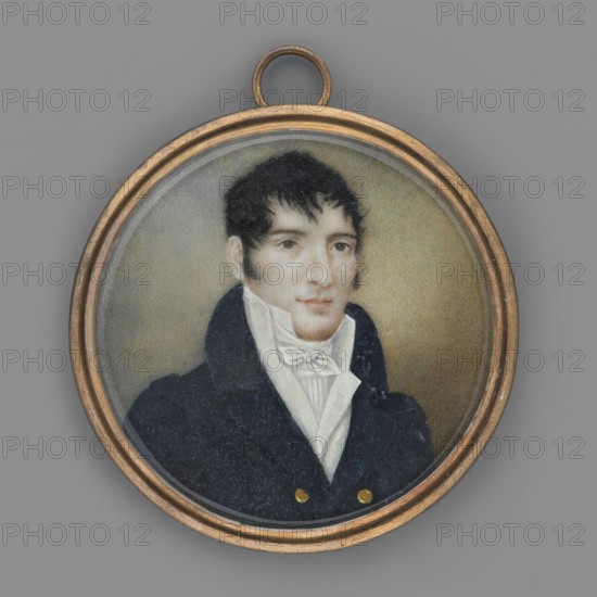 Portrait of an Unknown Man in a Navy Blue Tailcoat, Michael Johann Weixlbaum 1790–1824, portrait en trois-quarts of a man; Polish miniature, 1813. Bust three-quarter right; short black hair à la Tytus, sideburns; wearing a white Vatermorder shirt collar, white waistcoat and cravat, dark navy tailcoat with gold buttons. Background olive, brightened around the figure. Narrow bronze frame. Miniature, height 5.2 cm, width 5.1 cm. The image shows similarities to a miniature by the Viennese artist Johann Mathias Weixelbaum but differs in level of workmanship, hair color, linearism, simplification of composition, and lack of freedom of painting. Place of origin: Lviv., A small round pendant with a thin metallic gold frame contains a painted portrait of a man shown from the chest up; he has short dark hair and sideburns, a fair complexion with subtle reddish tones in the cheeks, and neutral facial features. He wears a high-collared white shirt and cravat beneath a dark navy or black double-bre...