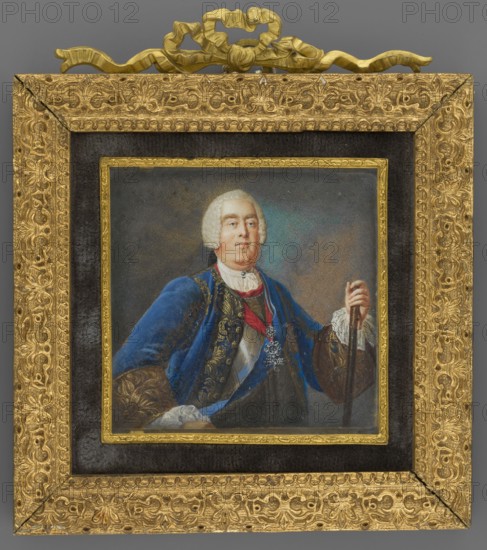 August III Wetyn 1696–1765 with the Order of the White Eagle and the Golden Fleece after Pietro Antonio Rotari 1755, Dresden Gallery, painter Pietro Rotari 1707–1762 after?, Werz ? painter unlisted. Half-length 3/4 to the right, full-face portrait of a man ruler in a foreign miniature, dated 1750. Augustus III Sas King of Poland; Elector of Saxony. He wears a low en catogan wig, velvet blue justokor braided with gold, a cuirass, a shirt with jabot and white lace cuffs, holds a baton in his hand, and wears the Order of the Golden Fleece and the sash of the Order of the White Eagle. Background: cloudy blue-gray–vermilion sky. Frame: narrow carved gilded bronze strip decorated with a floral twig in a narrow black plush passe-partout, in a wooden frame with gilded plaster neo-Rococo ornament topped with a bow. Miniature, height 7.5 cm, width 7.5 cm., A framed portrait of a person wearing a white powdered wig and formal clothing, set against a neutral background. The subject wears a blue ou...