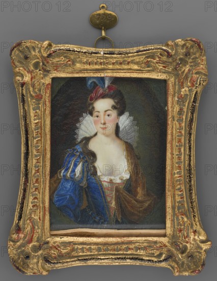 Friederica Elisabeth Clotz ? 1713–1743 in a ball gown, unknown painter; copies paintings in art prints; costumes from the beginning of the 17th century; portraits waist-length; women's portraits 3/4 left; dresses with ruff, deep neckline; foreign miniatures. Seated, full-length turned to the right, holding a miniature of Emperor Francis I of Rome, in widow's robes—black crinoline, black veil, white cuffs, wearing white gloves. An emerald-ruby star-shaped cross on the left breast. Next to her, a brownish table with a gray-celadon top bearing a written piece of paper, a book, and a black fan; at left a column and above it a blue-gray patterned curtain. Background: gray wall decorated with stucco. Frame: gilded wood, rectangular strip, pearl ornament around, stylized roses. Date: 1750 –1850 ; Germany. Miniature, height 9.0 cm, width 7.0 cm., A painted portrait of a woman in an ornate carved frame, the frame showing gold and worn red accents with an aged patina and a small hanging loop at ...