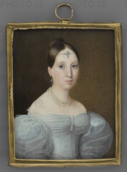 Portrait of Mrs. Dawidow with a la ferroniere decoration, unknown artist, jewelry, three-quarter portrait of a woman, dresses, Polish miniature, Choynowski, Józef 1833–ca.1915, Biedermeier style, hairstyles, 1830, miniature, height 9.5 cm, width 7.6 cm, A painted portrait of a young woman shown from the chest up inside a rectangular gold frame with an oval hanging loop at the top; she has pale skin, dark brown hair pulled back into a bun, and light blue eyes, and she wears a jeweled headpiece across her forehead and drop earrings; her expression is neutral and her lips are slightly parted; she is dressed in a white off-the-shoulder gown with voluminous, translucent sleeves and a multi-strand pearl necklace; the background behind her is a dark brown, and the frame and hanging loop are metallic gold.