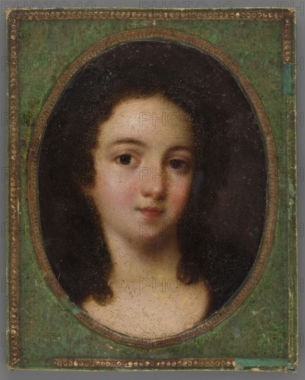 Portrait of Stefania Ginowska, en face portrait of a woman, Polish miniature, unknown artist. Fiancée of Adolf Januszkiewicz 1803–1857, insurgent of 1831; wife of Karol Kaczkowski. Head slightly tilted toward the left shoulder. Chestnut hair in long curls falling over the shoulders, brown eyes. Fragment of a dark brown dress. Background uniformly brown. Rectangular passe-partout made of green paper imitating silk grosgrain, a strip of gilded paper with an embossed fine ornament, embossed pearls on the edges. Dated 1830, miniature, height 13.5 cm, width 10.2 cm., An oval portrait of a young person with pale skin, rosy cheeks, and dark eyes set against a dark background, framed by dark brown to black hair that falls in curls around the face and neck; the face shows subtle pink and peach tones on the cheeks and lips, with lighter skin tones on the forehead and neck. The portrait is set within an oval mat that appears dark brown to black inside the oval and surrounded by a decorative borde...