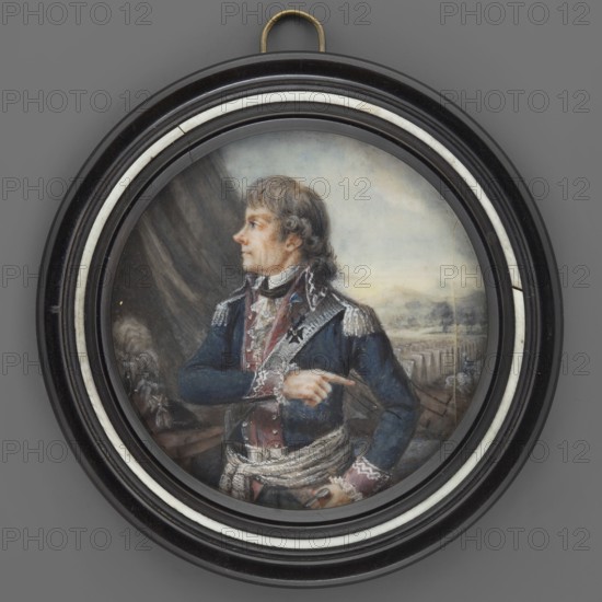Portrait of Tadeusz Kosciuszko in a general's uniform with the Virtuti Militari order, possibly commemorating the victory at Zielence 1792. Three-quarter torso left, head in left profile; standing in a general's uniform with a saber at his side. Next to him, on a table, a black helmet with a plume; background left a dark gray curtain, right a rampart, a white horse with a rider, and distant hills against the sky. Secondary setting: profiled round frame of massive ebony with an inlaid strip of ivory and convex, very thick lenticular glass. Inscriptions on the back of the binding: Gift / of the late Helena / Karolowa / Chlapowska / 1895 and additional provenance notes. Miniature, possibly dated 1794, Poland; height 5.7 cm, width 5.6 cm., A round framed portrait shows a man in a blue military-style coat with white decorative trim and a sash around his waist, standing in profile and pointing with one hand; his hair is brown and wavy, his face is pale with subtle reddish tones, and he wears...