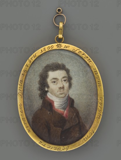 Tadeusz Kosciuszko in a brown civilian frock coat. Half-figure, three-quarters right. Dark hair, grey eyes. White cravat, red collar and vest lapels, brown frock coat. Background greyish, darker at bottom, lightened around figure. Medallion frame of oval gilded bronze, glazed on both sides; both glasses thick and convex, broken into six pieces. Engraved inscription on frame: Faithful love with an oath joined together in my heart, engraved with this will be the expression of the Day of 15. 7. 1800. On reverse under the glass: a braid of blond hair and a tied monogram /PG/. Miniature, 1800; height 6.5 cm, width 5.0 cm., portrait, costumes, men, soldiers, Polish miniatures; Kosciuszko, Tadeusz 1746–1817 — iconography; nobility., An oval pendant with a gold-colored metal frame and a small loop and ring at the top contains a painted portrait of a man shown from the chest up; the man has dark curly hair, pale skin, and a neutral expression with slightly downcast eyes, and he wears a high whi...