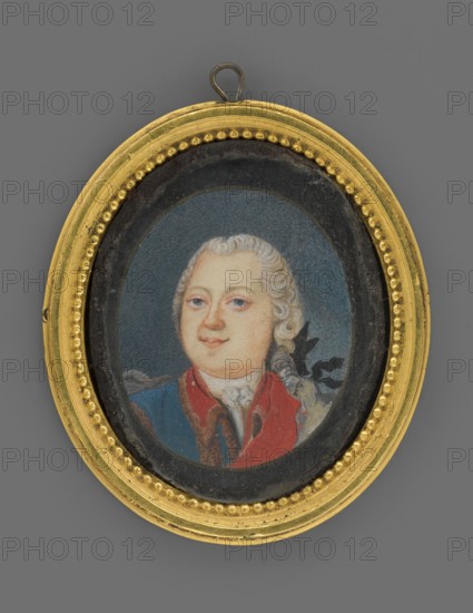 Nikita Ivanovich, Count Panin 1718–1783, Minister of Foreign Affairs of the Russian Empire; miniature portrait, 1789, Russia. Possibly by an unknown amateur copyist. Almost full bust, head three-quarters left; powdered hair tied with a black ribbon; white cravat; ribbon of the Order of St. Alexander Nevsky; blue tailcoat with red lapels and gold trim. Background grey. Frame: black passe-partout, recessed rim, pearling all around, gilded bronze, convex glass frame does not match miniature in size. Inscription on reverse of frame: Portrait / Panina / in Russian uniform / r. 1789., An oval framed miniature portrait shows a person with pale skin and powdered white hair styled in waves, wearing a blue garment and a red scarf or collar, set against a muted blue background; the miniature is surrounded by an inner dark rim and a decorative outer frame that is gold in color with a beaded inner edge and a small metal loop at the top, all shown on a plain gray backdrop.