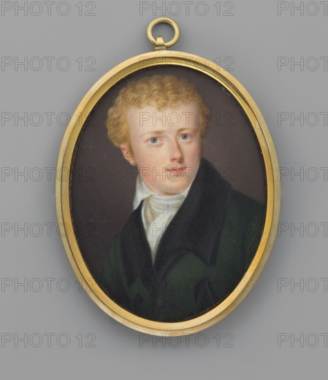 Andrzej Bernard - son of Konstancja née Potocka and Jan. Portrait of a young man from the Potocki family, unknown artist. Aristocracy, men, costumes, portraits en three-quarters, male portrait, Polish miniature. Bust left, head 3/4 right. Light reddish-blond hair, small curls à la Titus; white turn-down collar, cravat and waistcoat; green tailcoat with black collar. Background plain chocolate-gray. Unframed. Note: K. Czajkowska: hair à la Caracalla. 1807, Poland. Miniature, height 6 cm, width 4.7 cm., An oval portrait painted within a thin metallic frame showing a young person with curly light blond hair and fair skin, pale blue eyes, and a neutral expression; the subject wears a high white collar and a dark coat with deep green and black tones against a muted brown background, and the frame has a gold-colored ring and rim, all set on a gray field.