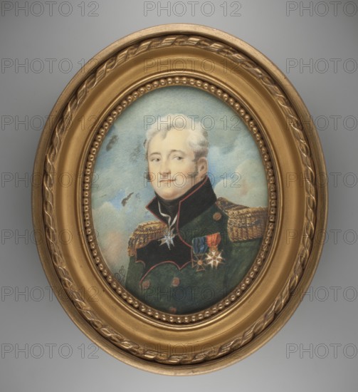 Portrait of General Józef Sowinski in the uniform of the artillery troops of the Kingdom of Poland, after Aleksander Molinari 1772–1831, copy by unknown artist. Three-quarter bust, turned left. Gray-gray hair and sideburns. Black cravat, dark green uniform with black collar and lapels edged with thin red piping; gold epaulettes; three orders including Virtuti Militari and the Legion of Honour, also Order Pour le Mérite and Order of St. Stanislaus. Background: sky and clouds. Style: Polish miniature. Frame: gilded profiled wood with pearling around the cutout and a cord ornament. Date: 1818. Medium: miniature. Dimensions: height 19.1 cm, width 14.8 cm. Subject: General Józef Sowinski 1777–1831; related to the November Uprising 1830–1831., An oval painted portrait of a man with pale skin and light gray hair set within a decorative gold frame; he wears a dark green military-style coat with gold braided epaulettes and a high black collar edged in red, and several star-shaped medals and a r...