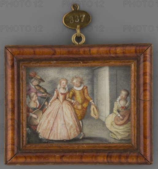 Courtly dance; unknown artist; music; costumes from the 16th century; genre scene in an interior with four figures; dance; interior palace or theater; foreign miniature; date: 1850; miniature; height 4.5 cm, width 6.1 cm., A small framed painted scene shows a group of people in period dress inside an interior. The frame is brown with a glossy wood grain and a metal hanging loop at the top in a brass color. Inside the frame, there is a woman in a pale pink dress with a voluminous skirt standing beside a man wearing a mustard yellow outfit and holding a hat; both have light-colored hair and ruffled collars. To the left, a musician in muted purple and brown tones plays a bowed instrument while another seated figure in soft tones holds a plucked instrument. On the right, a seated woman in a pale yellow dress with a red bow looks toward the standing couple. The background walls are gray and the floor is a neutral gray tone, with overall colors including brown, pink, yellow, gray, muted purp...