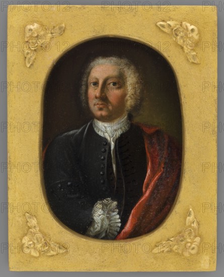 Portrait of an Unknown Man. Pawel Karol, Prince Sanguszko? 1680–1750, unknown painter; en face male portrait, costume; miniature; 1750–1800; height 11.0 cm, width 7.9 cm., An oval portrait of a man with pale skin and light curly hair set within a rectangular gold frame decorated with raised floral motifs; the man wears a dark coat with a high white ruffled collar and a red draped cloth over one shoulder, and his expression is neutral while his gaze faces forward against a dark background, with visible colors including gold, black, red, white, pale flesh tones, and hints of brown and gray.