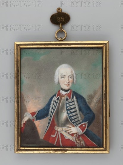 Ludwig IX, Landgrave of Hesse-Darmstadt 1719–1790 in the uniform of a German cavalry regiment during his stay in Strasbourg, unknown artist. Male portrait head en face, body turned left, standing to the hips, with his right hand resting on a red helmet trimmed with brown fur, lying on a gray-brown table. Low powdered white wig, gray eyes, black scarf around the neck, white shirt, and a red ruffle from a caftan with white piping. Silver cuirass, yellow belt with white edges, gold saber. Sapphire uniform with red lining, matching cuffs and collar trimmed with silver. Background: brownish mountains, grayish green and gray-turquoise sky. Miniature, 1742, Strasbourg; height 7.8 cm, width 6.6 cm. Binding: narrow rectangular profiled strip, metal. Subjects: rulers; soldiers cuirass, hussar jacket with braiding; landscapes mountain; foreign miniatures; powdered wig., A framed painted portrait of a person with pale skin and white powdered hair, wearing a dark blue coat with silver braiding and ...