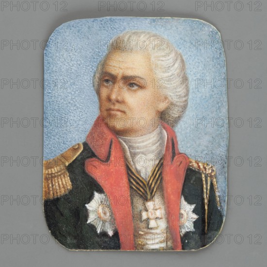 Mikhail Illarionovich Golenishchev-Kutuzov? 1745–1813 after a graphic representation, cf. Min. 926/11, unknown,  painter / amateur painter author; costumes; portraits en trois-quarts; men; uniforms; orders; male portraits; soldiers; foreign miniatures; Choynowski, Joseph 1833–ca 1915; Order of St. Alexander Nevsky; Order of St. Vladimir; Order of St. Anne; Order of St. George. Bust, head 3/4 left, torso almost straight. Powdered gray wig, dark green Russian general's uniform with red collar and lapels, white cravat. At the neck is the Order of St. George; on the sides are the stars of the Orders of St. Alexander Nevsky and St. Vladimir. Background: blue stippled with white gouache. Unframed. 1850–1900; miniature; height 5.2 cm, width 4.2 cm., A painted portrait of a person shown from the chest up wearing a dark coat with a high red collar and gold epaulets, a white cravat, and decorative medals on the chest; the person has pale skin, light grayish-white hair styled back, and a neutral ...