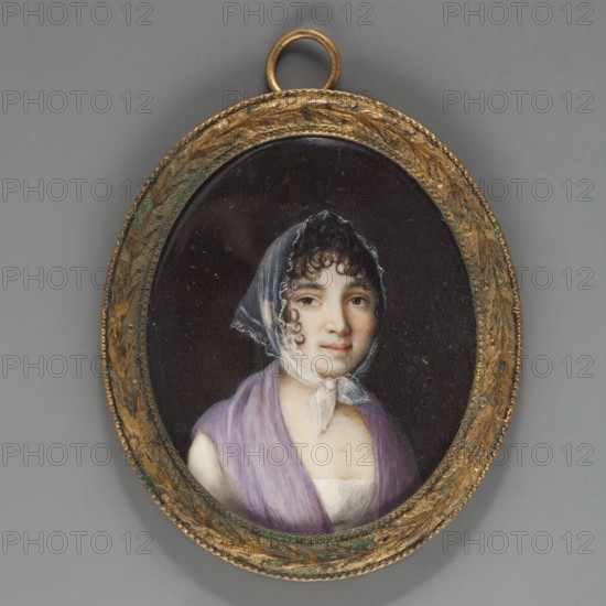 Portrait of a woman in a headscarf, unknown artist. Three-quarter portrait of a woman with dark, curly hair, wearing a white muslin scarf with decorative hemstitch edge tied under the chin fanchon. She wears a deeply breasted white dress and a lilac shawl on the shoulders. Bust slightly turned to the right. Plain dark background. Oval bronze frame decorated on the edge with fine pearling and a motif of bay leaves and bay fruits. Miniature, after 1815. Height 6.0 cm, width 5.0 cm. : Paulina Sobolewowa ca. 1839–1919., An oval framed miniature portrait showing a woman with pale skin and dark curly hair peeking from beneath a sheer white headscarf tied under her chin; she wears a light purple shawl over a white bodice and has a gentle, neutral expression. The painted background inside the frame is dark and nearly black, and the ornate oval frame around the portrait is gold with areas of greenish patina. The outer background surrounding the framed miniature is a flat gray.