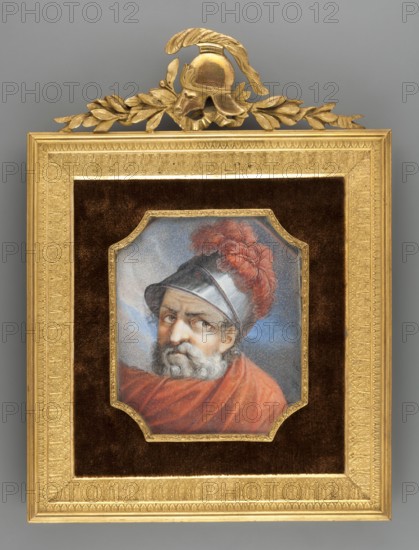 Head of a Roman soldier in a helmet with feathers of Mars?, fragment of a painting, KF fl. 1850 painter, unknown painter, portraits en three-quarters, copies, men, soldiers, helmets, Polish miniatures, panoply, antique, ca. 1850, miniature, height 9 cm, width 7.5 cm, The image shows a framed portrait of an older man wearing a metal helmet with a red plume and a red cloak; he has a gray beard and mustache and an expressive, slightly turned face with visible eyes and furrowed brows. The portrait is set against a dark brown velvet-like mat and surrounded by an ornate gold inner frame with decorative edging, all enclosed within a larger gold outer frame that has intricate textured patterns. At the top of the outer frame there is a gold decorative crest featuring a helmet and laurel-like leaves. Visible colors include gold, brown, red, gray, blue, and flesh tones.