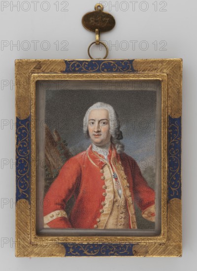 Portrait of a man in a red tailcoat, unknown painter; portrait bust, up to the waist of a man turned left; powdered wig; landscape fragment background; costume: habit/frock coat and tailcoat; foreign miniature; orders; wigs; ca. 1775; miniature, height 6.7 cm, width 5.5 cm., A rectangular framed portrait shows a person with pale skin and white powdered hair styled back, wearing a red coat with a light-colored waistcoat visible beneath and decorative buttons and trim; the figure is posed with one arm bent and a faint landscape background behind them. The frame is ornate with gold and deep blue decorative elements and a small gold hanging loop attached at the top. Colors visible include red, white, gold, blue, pale skin tones, light beige, gray, brown, and muted green.
