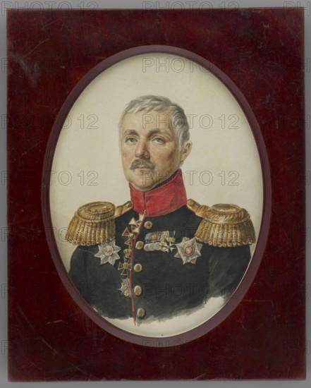 General Pawel Yakovlewicz Kuprianov 1789–1874 old attribution portrait of Lieutenant General Aleksander Despot-Zenowicz 1829–1897, who took care of Poles in exile; painter: Stanislaw Marszalkiewicz 1789–1872. En face miniature portrait of a man in uniform, subject bust slightly to the left, elderly man, gray hair closely cropped, dark blond mustache, gray eyes. Russian infantry division general uniform, dark green with a red collar, gold buttons with double-headed eagle, gold epaulettes; wears 2 order stars, 5 crosses, and 3 medals on the chest including Polish Badge of Honour, Order of St. George, Order of St. Vladimir, Order of St. Anne star, Order Pour le Mérite. Style: Polish miniatures. Date/period: circa 1830s inscription/attribution notes cite 1832. Medium: miniature on paper. Dimensions: height 14.5 cm, width 11.0 cm. Binding: rectangular mahogany frame with beveled oval cutout. Label on reverse: Niew. / 1484., An oval-framed watercolor portrait set in a rectangular dark reddis...
