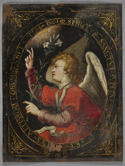 Angel from the Annunciation scene; painter, Dominicus Custos post 1550–1612, graphic artist; Annunciation iconography; biblical scene with angels, saints, costumes, symbols; miniature; 1650; height 22.0 cm, width 17.0 cm., A painted depiction of an angel with pale skin and curly blond hair, shown in profile and wearing a red robe with pinkish sleeves and pale trim, holding a long green stem with white flowers; the angel has large white wings and is looking upward with one hand raised toward a bright golden light above, all set within an oval framed by dark background decorated with ornate gold detailing and worn areas, showing colors including red, pink, white, green, gold, black, brown, and beige.