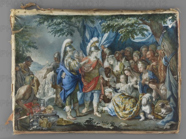 Alexander of Macedon in the camp of King Darius, according to Charles Le Brun Title: La famille de Darius aux pieds d'Alexandre otherwise known as La tente de Darius Artist: Bechon, Charles 1732–1812 painter; after Le Brun, Charles 1619–1690 Subject: Alexander III the Great 356–323 BC in the camp of Darius III Codomanus ca. 380–330 BC, in front of Darius's tent after a major battle near Myriandos 333 BC. Scene includes military figures, women, rulers, soldiers in armor and helmets, trees, plants, animals, clouds, and landscape elements; genre scene set in antiquity with costumes and symbols. Technique: Miniature painted in miniature technique Date: circa 1800 Medium/Support: miniature Dimensions: height 15.6 cm, width 21.8 cm Provenance: unknown Additional notes: Scene description confirmed by an old inventory entry., A painted scene on a rectangular canvas shows a group of people gathered under trees and draped cloth, with worn fabric edges around the canvas. In the center stand two f...