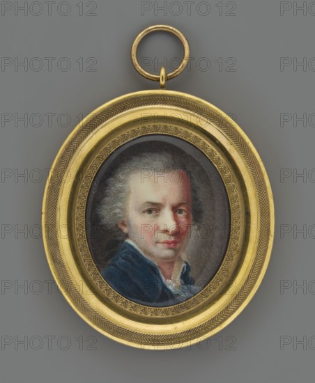 Prince William IV of Hanover, brother of the Regent George IV?, unknown artist English School ?, miniature portrait en trois-quarts, male portrait of a ruler, ca. 1795, England . Bust 3/4 left. Powdered hair or wig, combed back from the forehead/temples. White shirt with turn-down collar and jabot. Navy grey tailcoat. Background: brown on the left, greyish-brown on the right, lightened near the face. Frame: profiled brass rim. Attached fragment of a letter beginning: But the beauty of all beauties/in my judgment is Prince William/Brother to the King: there is a languid? enchantment in his eyes - countenance that is too much to dwell upon with safety for any woman under 40 ...........? Yet I looked at him as much as .................., An oval gold pendant with a round loop at the top contains a small painted portrait of a person shown from the shoulders up; the pendant has decorative engraved borders and concentric raised bands in gold. The painted portrait shows a face with pale skin ...