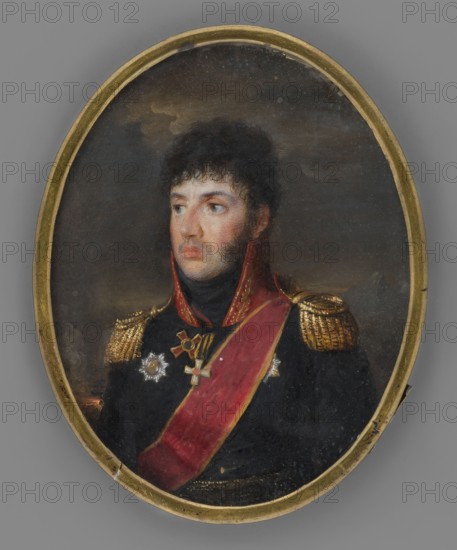 Portrait of Russian General Pyotr Alexandrovich Davydov?, Dove, fl. 1820 painter, Dawe, George 1781–1829 graphic artist. George Dawe Egor Filippovich Dau eng. George Dawe; 1781–1829. Portrait en trois-quarts, man in uniform. The old attribution raises many doubts: General Pyotr Alexandrovich Davydov?; Russian ambassador to Japan. 3/4 torso left. Short black hair in curls on the forehead and temples; sideburns. Black uniform with high red collar and gold embroidery; gold epaulettes; red ribbon of the Order of St. Anne, 1st class, and the Orders of St. George, 4th class, and St. Vladimir, 2nd class. Background: dark olive-gray clouds; at the bottom left, a fragment of a cannon barrel and a red flame. According to Elizaveta Solovtsov, the background alludes to the wars with Turkey in 1810. General's uniform circa 1808; the collar unbuttoned in this way was worn in the tsarist army until 1812. Binding: narrow oval bronze band. 1810. Miniature; height 9.0 cm, width 7.2 cm., An oval framed p...