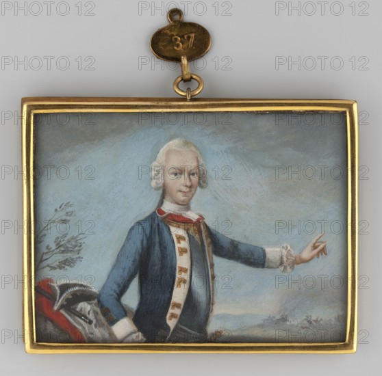Ludwig IX, Landgrave of Hessen-Darmstadt 1719–1790, unknown artist, portrait up to the waist, male portrait right, ruler in military dress, powdered wig, landscape with battle in the background. Standing visible to the hips, left hand stretched out in front, right hand at the hip; low white wig with pigtail, grey-blue eyes, white shirt collar, red caftan visible under steel armor, blue uniform with white cuffs and lapels; on the left on a rock a red cloak lined with ermine, a black regiment hat, a gray bush branch above. Background: blue hills with a group of cavalrymen in a skirmish obscured by smoke; sky ashen and gray-bluish. Frame: gilt bronze with narrow gilt brass border. Date: 1850. Miniature, height 6.1 cm, width 8.3 cm., A rectangular framed miniature portrait showing a person with pale skin and powdered white hair styled in curls, wearing a blue coat with white cuffs and a decorative white sash, and a red collar visible at the neck; the person is posed with one arm extended a...