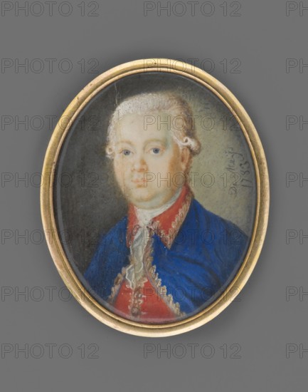 Portrait of a Man in a Blue Tailcoat, Meys, Ferdinand de fl. 1780-1840 painter. Aristocracy; costumes; men; orders; male portrait; foreign miniature. Bust 3/4 left, low gray wig smoothly combed up, white cravat and jabot at the neck, sapphire tailcoat with red collar and gold embroidery at the edges, red waistcoat. Background brown on the left with a pale oval gilt-bronze border on the right frame was part of a larger whole. Inscribed/dated De Meys/1783, 1783. Miniature, height 4.2 cm, width 3.4 cm., An oval portrait miniature set in a thin gold frame shows a light-skinned person with powdered hair in pale white and gray tones, pale blue eyes, and a neutral expression. The subject wears a blue coat with a red collar and red inner garment, both trimmed with pale gold decorative edging, and a white cravat at the neck. The painted background transitions from darker gray on one side to a muted greenish tone on the other. The frame is gold and the overall color palette includes blue, red, w...