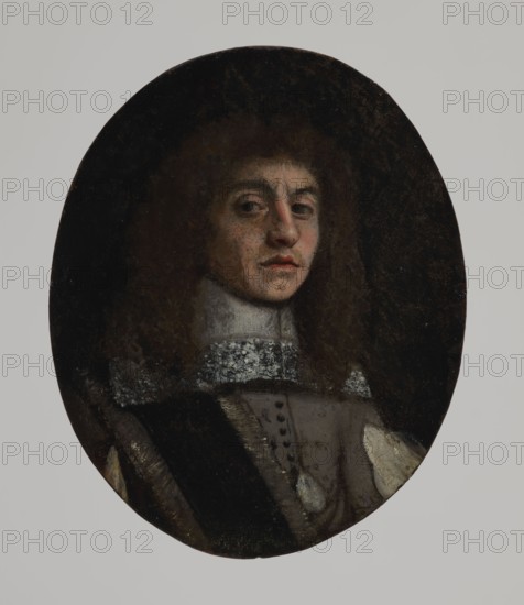 Portrait of a military man after Bartholomeus van der Helst Bartholomeus van der Helst, 1613–1670. After Bartholomeus van der Helst; unknown painter. Half-length, three-quarter right, in military uniform. Dark blond wig in long shoulder-length curls, wide square white gauze collar trimmed with a strip of lace, ash-gray doublet with slits in the sleeves revealing a white shirt, and a wide black sash diagonally across the right shoulder trimmed with gold fringe. Background uniformly dark. Miniature, 1650–1670. Height 9.6 cm; width 7.8 cm. Originally bound with other miniatures; frame lost. According to inventory, the missing frame bore the inscription van der Helst., An oval portrait of a person with pale skin and reddish lips set against a dark background, showing long dark brown hair framing the face and a high white collar with a textured decorative band; the clothing includes dark and muted gray fabric with lighter gray and off-white accents and a few darker buttons, and the overall ...