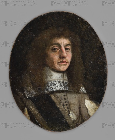 Portrait of a military man after Bartholomeus van der Helst Bartholomeus van der Helst, 1613–1670 — half-length, three-quarters right, in military uniform. Dark blond wig in long shoulder-length curls; wide square white gauze collar trimmed with lace; ash-gray doublet with slits in the sleeves revealing a white shirt; wide black sash diagonally across the right shoulder trimmed with gold fringe. Background uniformly dark. Miniature, 1650–1670, height 9.6 cm, width 7.8 cm. Frame: none original frame lost. Formerly bound with several miniatures; inventory noted an inscription: van der Helst. Maker attributed to Bartholomeus van der Helst; painter otherwise unknown. Subjects: men, military, male portrait, three-quarters., An oval oil painting shows a portrait of a person with pale skin and long brown hair set against a dark background; the face displays subtle pinkish tones on the cheeks and nose and a neutral expression with slightly parted lips. The sitter wears a high white collar with...