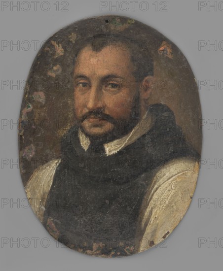 Portrait of a Dominican after Pieter Cornelisz Slingelandt, attributed to Pieter Cornelisz van Slingelandt 1640–1691 and an unknown painter; clergy, men, costumes, three-quarter male portrait, miniature. Bust 3/4 left; black, short, smooth hair; mustache, sideburns, small beard. White collar at the neck, white sleeves; black habit with a hood at the back. Background brown-olive. Inscription on the back: Peter van Slirgelandt at N 126698. Date: circa 1650–1690. Miniature, height 10.2 cm, width 7.7 cm. Binding: none., An oval portrait of a man shown from the chest up against a neutral brownish background, with warm brown skin and dark brown hair and beard, dark brown eyes and a neutral expression; he wears a dark black garment over a cream or off-white collar and cream sleeves, and the painting surface shows areas of wear with spots of greenish and reddish flaking around the edges; visible colors include brown, black, cream, green, reddish tones, and gray in the surrounding mat.