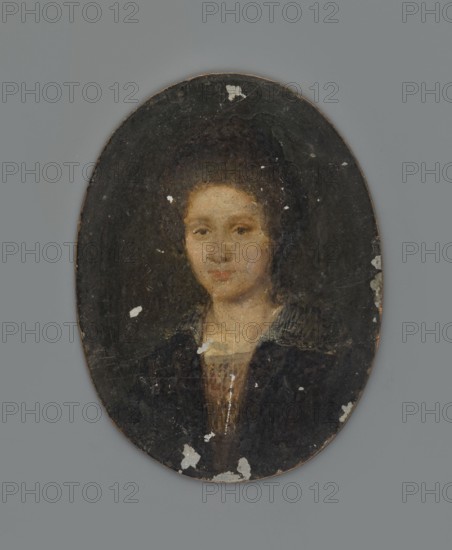 Portrait of a Woman after W. Mieris, after Willem van Mieris 1662–1747. Copy by unknown artist. Miniature height 5.2 cm, width 4.0 cm, dated ca. 1650–1690. En face female portrait, bust slightly turned to the left. Blonde hair combed up with a top knot; wearing a black dress, a cotton blouse of solid material at the front, and a transparent white collar on the shoulders. Dark olive-grey background. Inscription on the back of the board: With v Mieris., An oval portrait of a person set against a dark background, showing a head and upper torso with light skin and dark brown hair pulled back; the face has neutral expression and is rendered in warm beige and pink tones, with subtle shading; the clothing includes a dark outer garment in deep black and navy tones and a lighter inner garment in brown and tan shades, with a collar that has muted grayish stripes; the oval surface shows areas of surface wear and small patches where the paint is flaked, revealing lighter underlying tones; the surr...