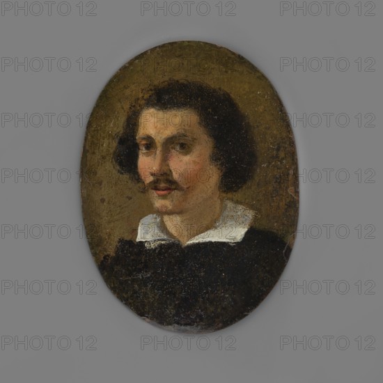 Portrait of a young man, bust three-quarters left. Lush black hair covering the ears, small mustache; turn-down white collar at the neck, black caftan. Olive background. Late amateur copy, miniature, height 7.3 cm, width 5.4 cm, dated 1850–1900. Inscription/attribution note: A. Chamiec 1959., An oval portrait of a man with dark curly hair and a thin mustache, shown from the shoulders up against an olive-brown background; he wears a dark garment with a white collar, and his skin shows warm peach and pink tones with subtle shadowing, while the overall palette includes shades of brown, black, white, olive, peach, and pink.