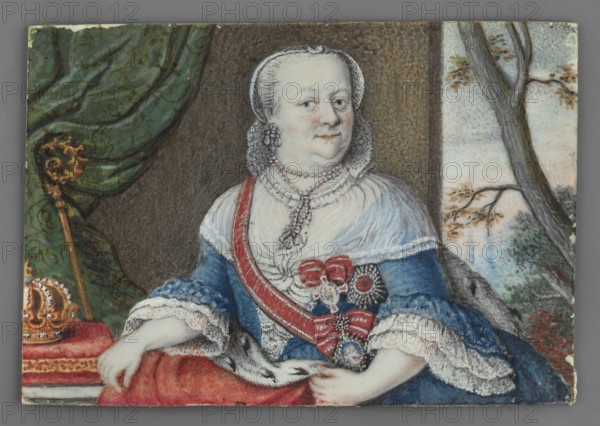 Portrait of Maria Józefa Habsburg 1699–1757, wife of Augustus III, queen of Poland; miniature, possibly 1740–1750; height 5.2 cm, width 7.5 cm; unknown artist attributed in graphic; depicts jewellery, trees, en face female portrait, palace background, rulers’ costumes and headgear, dresses; includes insignia: Order of the Elephant, Order of the Black Eagle, Order of St. Catherine the Martyr., A painted portrait shows a seated figure wearing a white lace-trimmed bodice with blue sleeves and a red sash draped across the chest, adorned with several ornamental badges and bows. The figure has pale skin, light hair pulled back, and is wearing drop earrings and a beaded necklace. A red cushion and a piece of white fur or ermine rest on the figure's lap, with a hand resting on the cushion. To the left is a green drapery with gold decorative elements and a crown placed on a red cushion. To the right a tree with brown branches and sparse leaves is visible against a pale sky and distant foliage i...