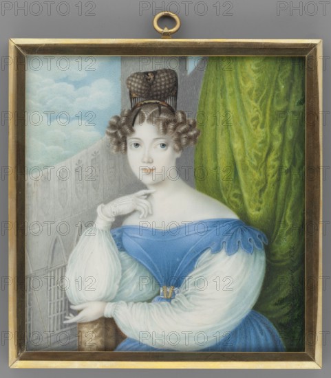 Portrait of Mrs. Radwanowa, née Kwiatkowski, Pritwitz fl. ca. 1832. Painter: amateur. Subject: young woman, seated, hip-length, three-quarter left. Gray-blonde hair in tubular curls on both sides, chignon at the top held by a comb and hoop. Wearing a blue dress of a fantastical cut, white sleeves, white glove on the right hand. Background: bright green curtain, architecture and sky with clouds. Medium: miniature. Date: 1832. Dimensions: height 11.0 cm, width 10.2 cm. Subjects/themes: portrait, female portrait, interior, dresses, hairstyles, portraits en three-quarters, foreign miniatures, architecture., A framed painted portrait of a young woman shown from the waist up wearing a blue off-the-shoulder dress with voluminous white sleeves and white gloves; she has pale skin, light-colored eyes, and brown hair styled in tight curls and an elevated coiffure. The background shows a green curtain with visible folds on one side and a pale architectural element with an arched window and a cloud...