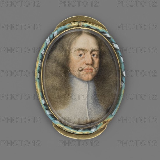 Portrait of a man, Landgrave Ludwig VI of Hessen-Darmstadt 1630–1678?, unknown painter, aristocracy, en face male portrait, foreign miniature, restitution provenance, 1725, miniature, height 3.9 cm, width 3.0 cm, An oval miniature portrait set in a decorative frame shows a person with long wavy brown hair and a curled mustache, wearing a high white collar; the face has pale skin with subtle pinkish tones and blue eyes, the hair and background include shades of brown and gray, and the frame displays turquoise, white, black, and gold colors against a solid gray background.
