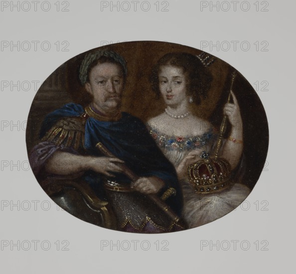 Double portrait of King John III and Queen Maria Casimire by Sebastiano Bombelli 1635–1719. Double portrait of the royal couple, seated figures visible to the knees: Jan III with a laurel wreath and a Hetman's baton; Maria Casimire with royal attributes and a tiara. Oval wooden frame with gilded plaster ornament in a laurel leaf motif. Inscription on the reverse of the miniature: Re di Polonia Morte? del 1696. Inscription on the reverse of the frame: 1677 Sebas ano Bonicelli fecit in Venezia 1677. Miniature; height 6.6 cm, width 8.3 cm. Subjects: Maria Casimire 1641–1716 and Jan III Sobieski 1629–1696. Genres/attributes: jewelry, costumes, en face double portrait, rulers, soldiers/armor., An oval painting shows a man and a woman seated together against a brown background; the man wears a dark blue cloak with gold and purple details and has a greenish headpiece, while the woman wears a white dress with multicolored floral decoration at the neckline and a pearl necklace and earring; a go...