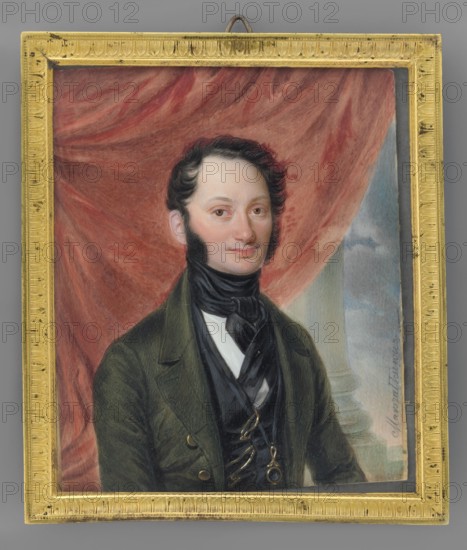 Portrait of a Young Man in a Dark Frock Coat Against a Red Curtain, Marszalkiewicz, Stanislaw 1789–1872 painter. Half-length three-quarter male portrait, short wavy black hair joined at the temples to black sideburns. He wears an olive tailcoat or frock coat, black vest, black cravat with long ends fastened with a gold pin; gold chain and lorgnette. Background at right: reddish drapery and a column; sky with dark clouds. Miniature, 1848, height 12.8 cm, width 10.5 cm. Frame: gilt bronze, two frames with a half-bay leaf motif. Inscribed along the shore: Marszalkiewicz., A framed painted portrait of a man shown from the chest up wearing a dark green coat and a black cravat over a white shirt, with a dark waistcoat and a chain visible on his vest; he has pale skin, dark hair styled with sideburns, and a slight smile. The background shows a draped curtain in shades of red and a column area in pale blue and gray. The frame is ornamental and gold colored with decorative edging. Colors visibl...